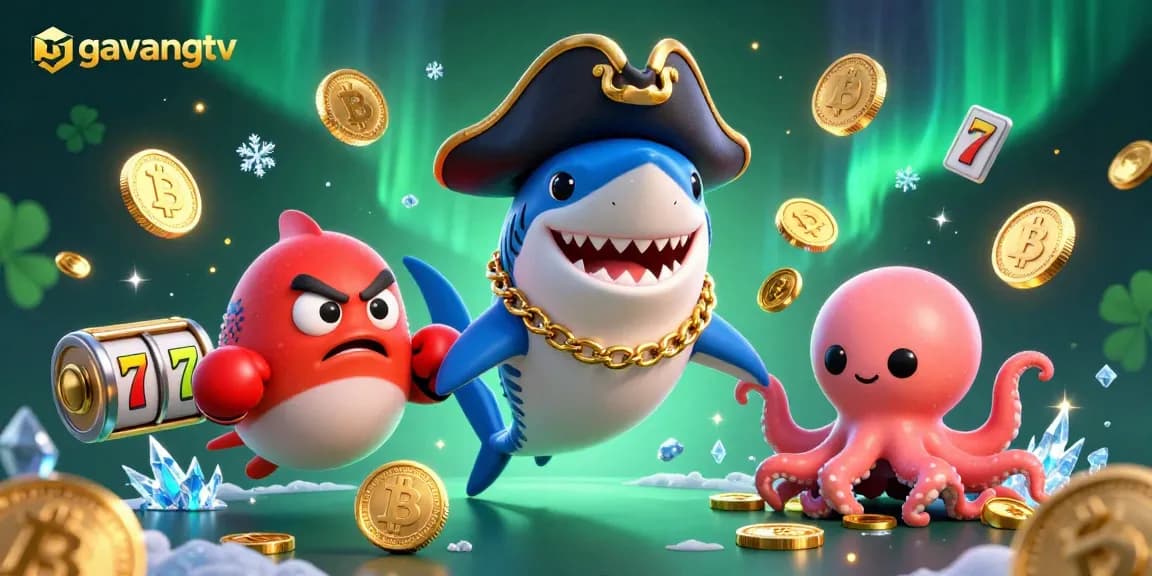 Win big with gavangtv: A vibrant 3D casino illustration featuring unique characters and crypto elements.