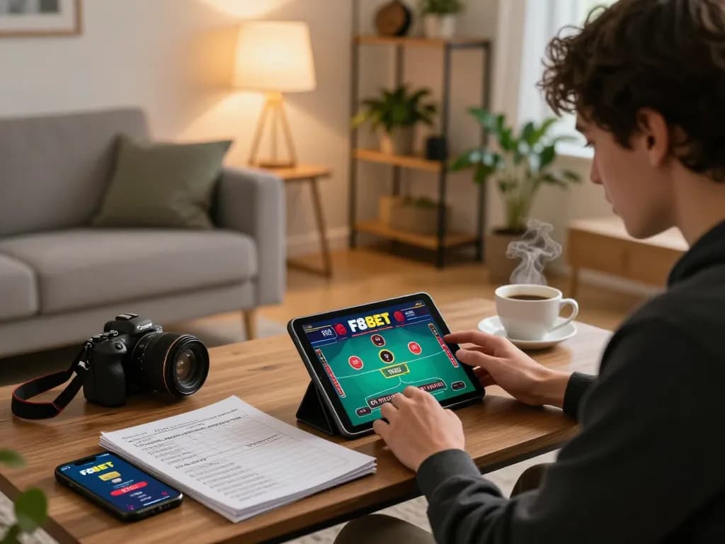 Engaged user playing F8BET live dealer game on tablet with strategy notes nearby