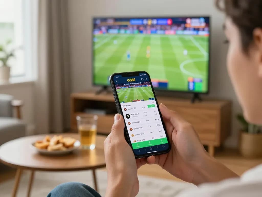 Engaging young man using GG88 betting app during live sports event, analyzing odds on smartphone.