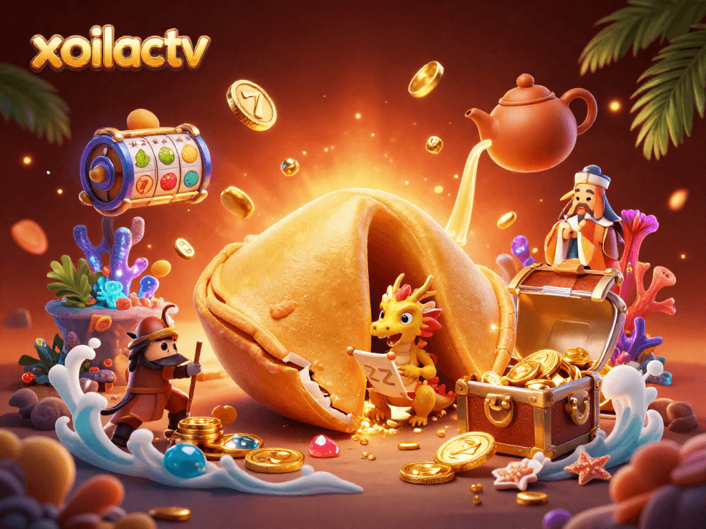 Experience thrilling gaming with xoilactv as golden fortune cookie meets vibrant casino elements in dynamic illustration.