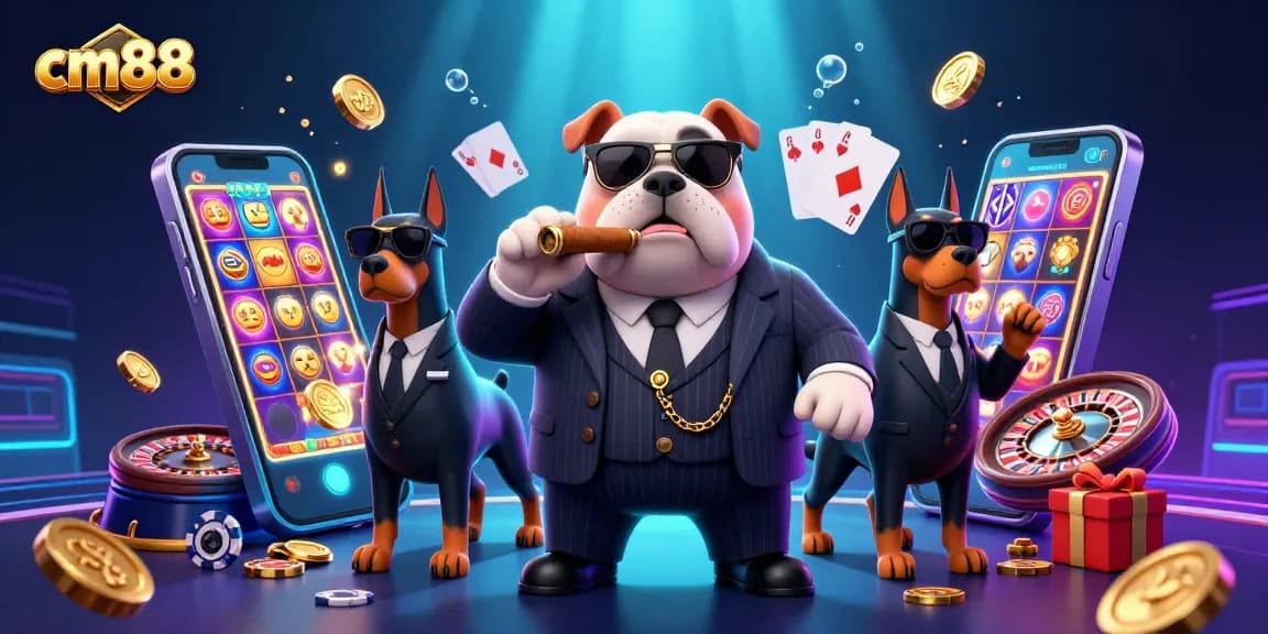 Engage with cm88 as golden coins and slot reels explode from a smartphone in an elite casino scene.