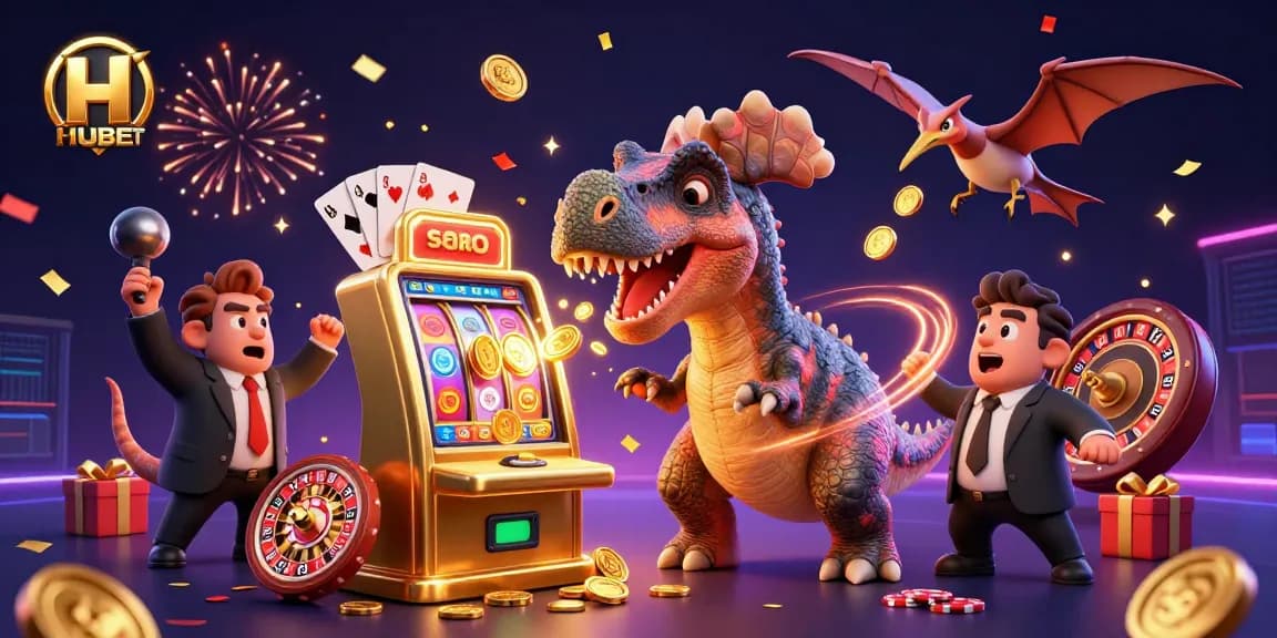 HUBET's thrilling jackpot scene with 3D dinosaurs and casino elements capturing the excitement of winning