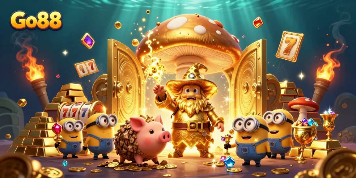 Spin to win with Go88 in this vibrant slot-focused treasure hunt illustration packed with character and magic.