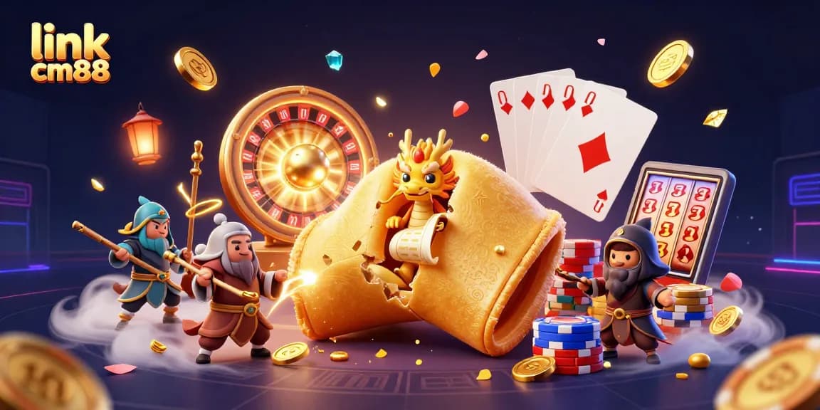 Engage with link cm88's dynamic casino scene filled with fortune cookies, dragons, and gaming riches.