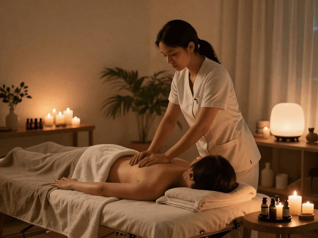 출장마사지 session in a calming wellness environment with a therapist providing professional service.