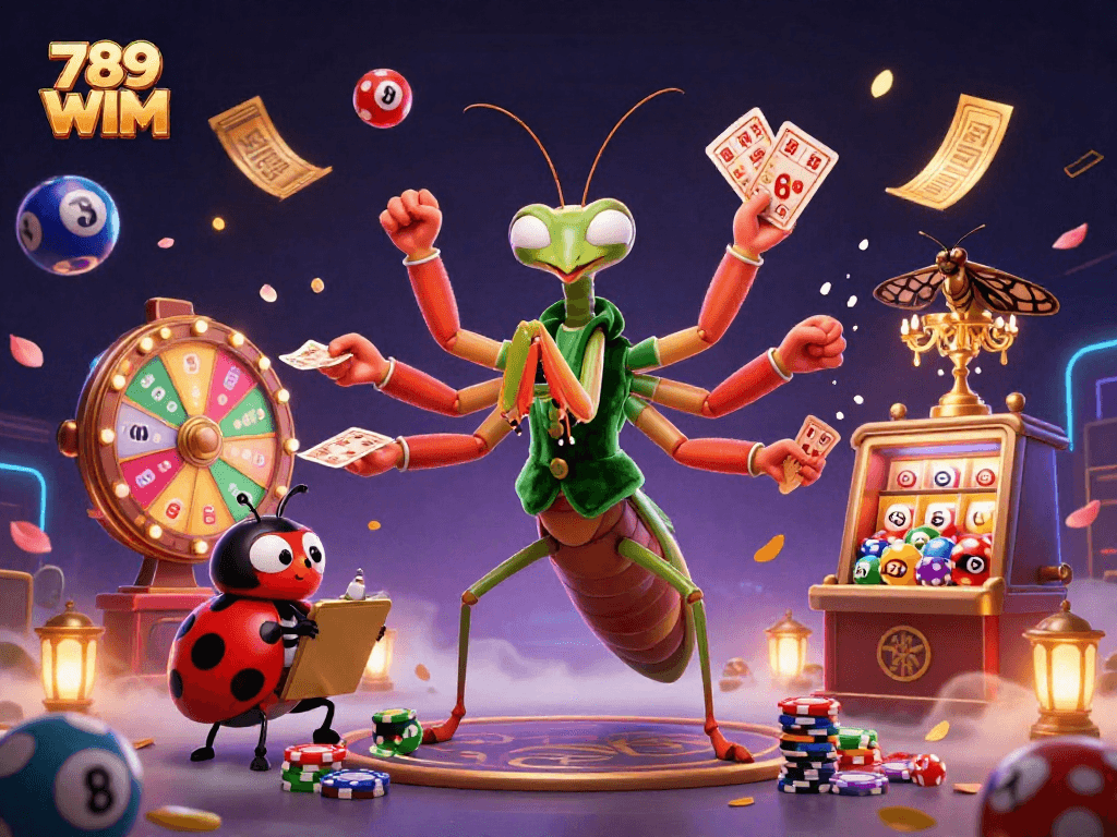 Engage with the exciting world of 789 WIM as characters shuffle cards and celebrate with champagne and lottery balls.