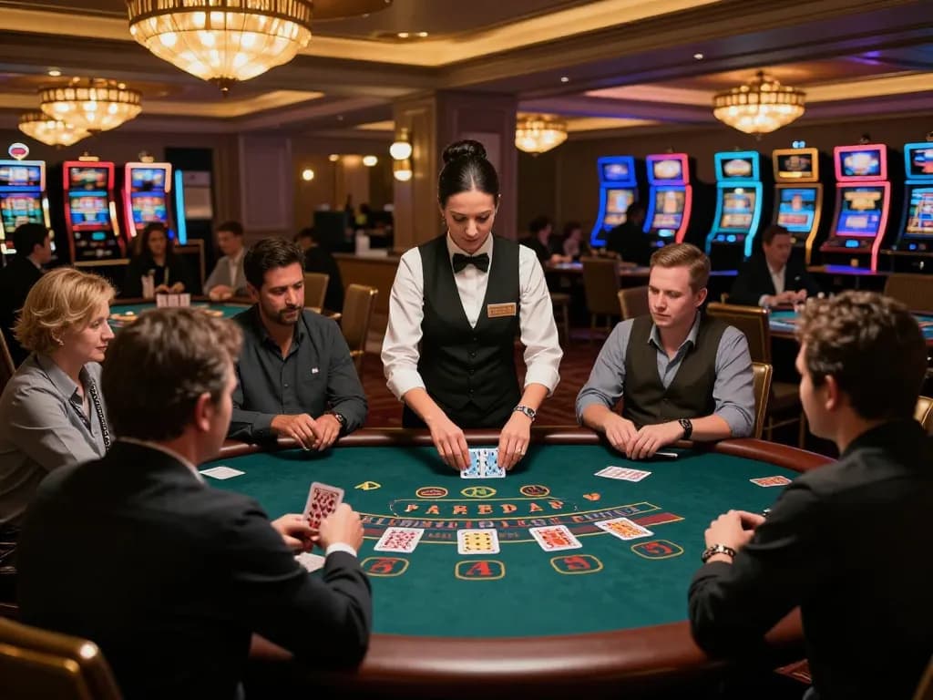 llwin players strategizing at a blackjack table in a luxurious casino atmosphere