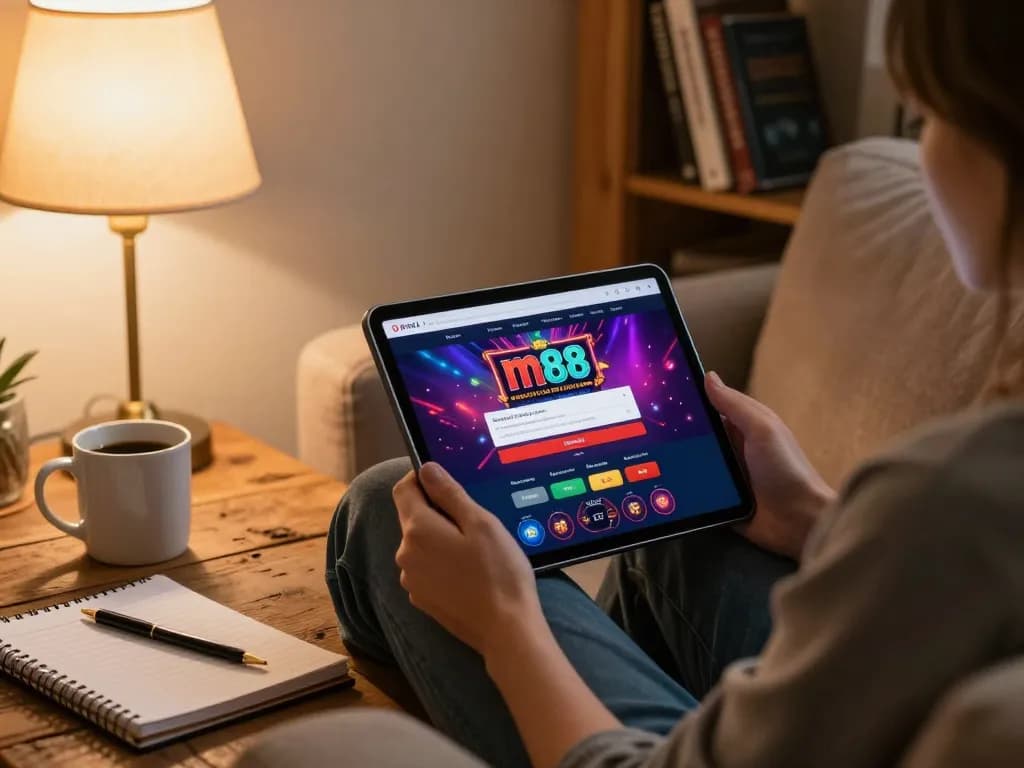 Engaging with m88 casino login on tablet while enjoying a cozy gaming session.