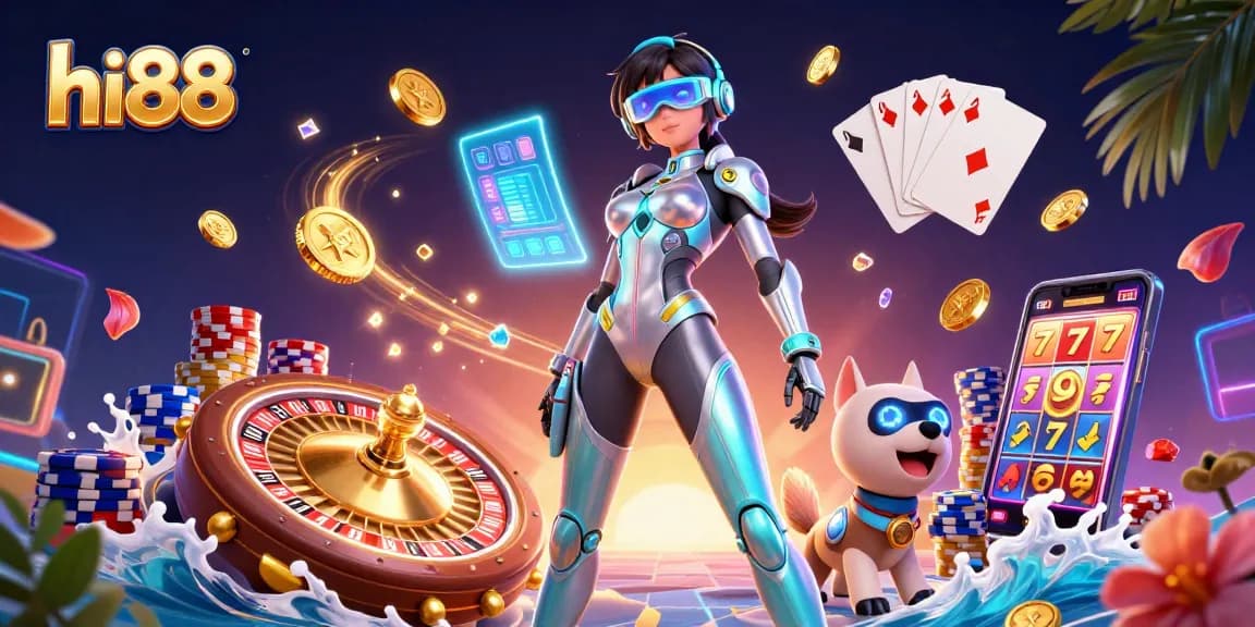Join the fun at hi88, where dynamic casino gaming meets futuristic design in this vibrant 3D illustration.