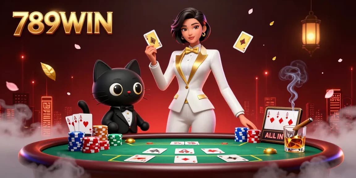 Experience thrilling gaming with 789WIN as a glamorous woman shuffles cards beside a stylish black cat, vibrant poker chips around them.
