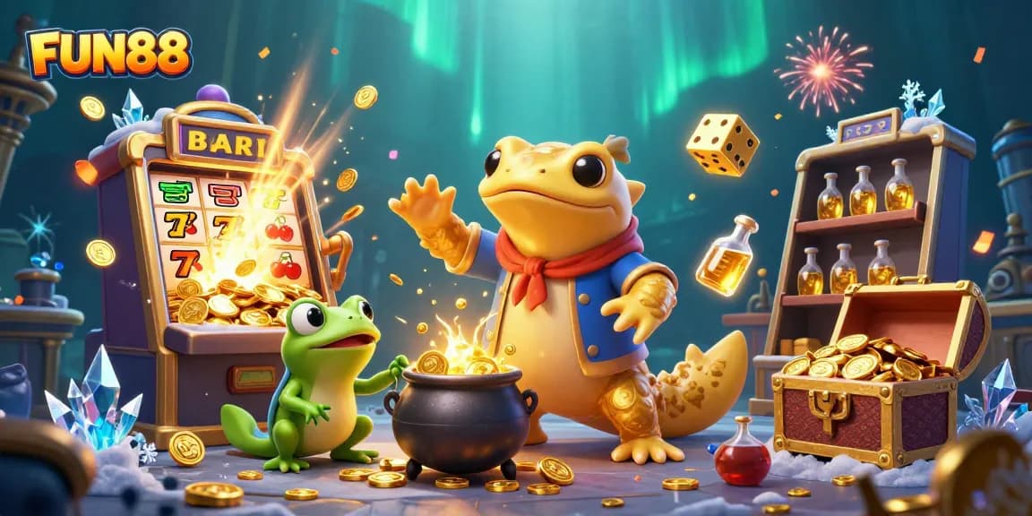 Experience FUN88's vibrant world of online gaming with captivating characters, slot machines, and jackpots.
