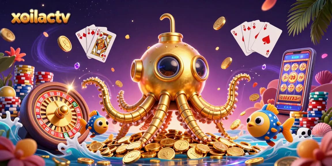 Experience the excitement of xoilactv with whimsical characters amidst cascading coins and spinning roulette.