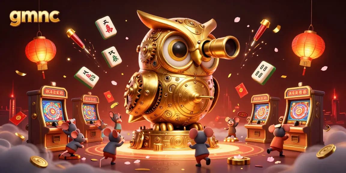 Engage with gmnc as the golden owl observes a bustling casino scene filled with vibrant gambling elements and characters.