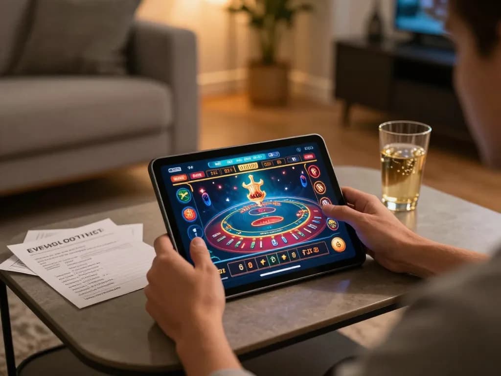 Zowin player enjoying online casino gaming with tablet, vibrant atmosphere showing strategic betting