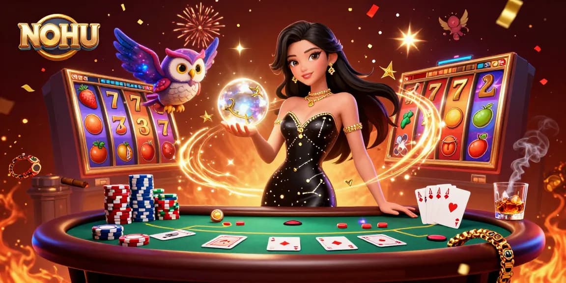 Experience the excitement of NOHU gaming with vibrant slot reels and characters in a captivating casino scene.