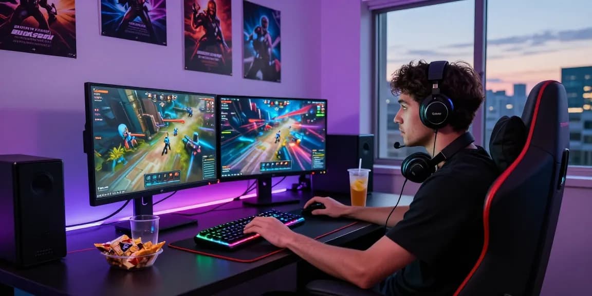 Gamer engaged in an SC88 gaming session with vibrant monitors and RGB lighting in a modern lounge.