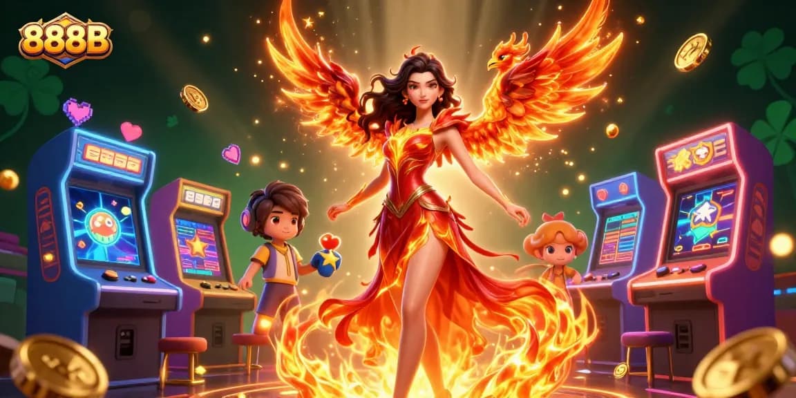 Engage with thrilling casino games at 888B amidst vibrant 3D illustrations and magical elements.