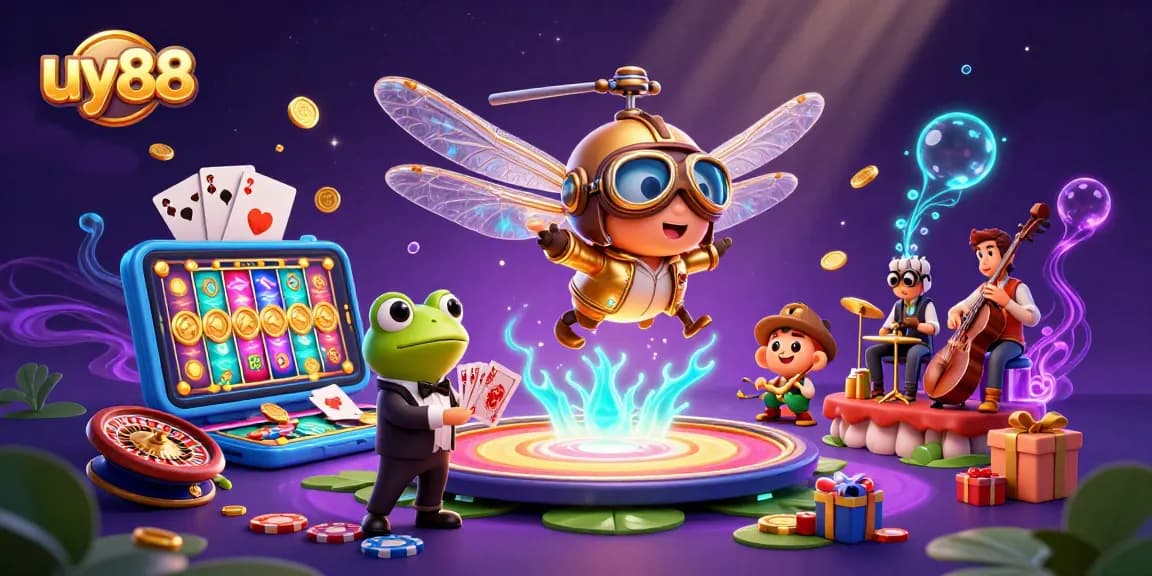 Experience the thrill of uy88 with its vibrant casino scene featuring a dragonfly pilot and frog dealer.