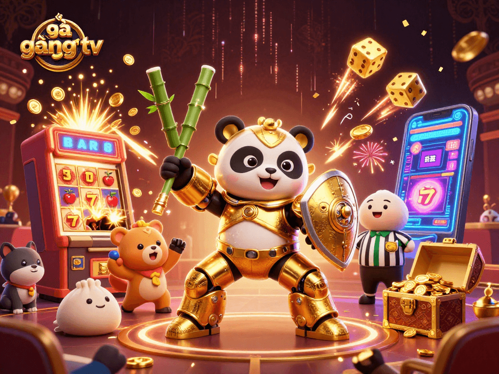 Engaging gà vàng tv illustration featuring a golden panda in a mech-suit surrounded by dynamic casino elements.