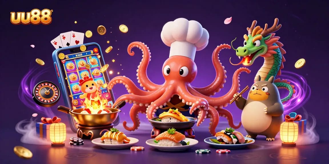 uu88 engaging scene with a cartoon sushi chef octopus and dragon, ready for exciting slots.