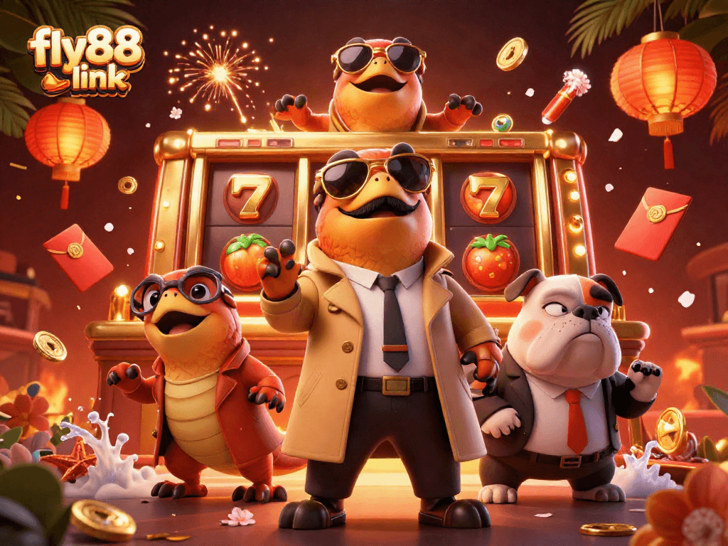 Experience excitement with the fly88 link: raptors in a trench coat entering a casino lounge