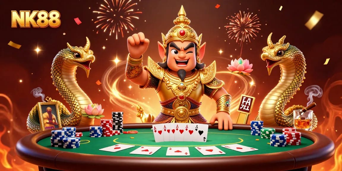Bet on NK88 and witness a vibrant casino scene with guardians, poker chips, and excitement.