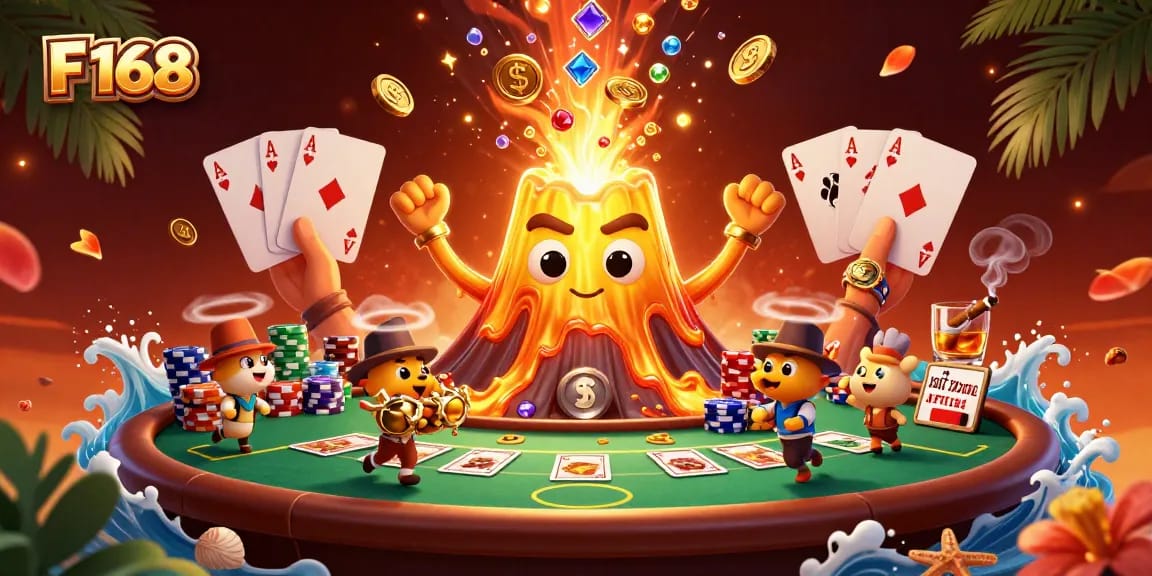 Engage with F 168's exhilarating gaming experience as treasures erupt from a golden volcano.
