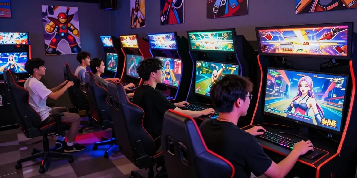 Young adults enjoying engaging adult games in a colorful gaming arcade, showcasing interactive gameplay.