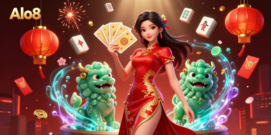 Alo8 showcases a lively 3D illustration of a woman in a qipao with golden cards, evoking excitement in online gaming.