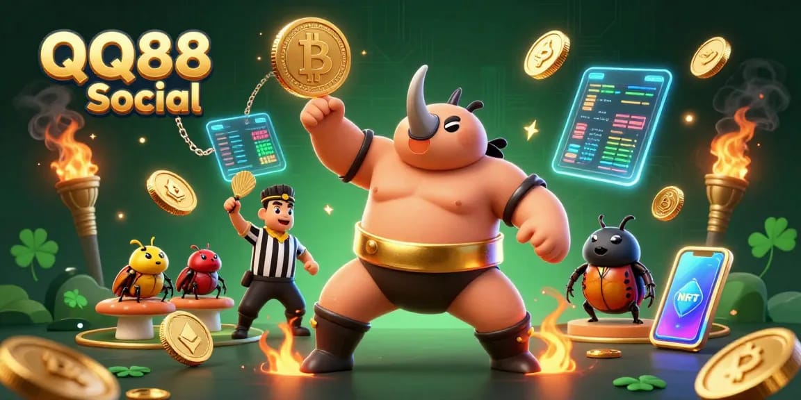 Experience thrilling gameplay at QQ88 Social with cartoon beetle champions amidst flying coins and crypto elements.