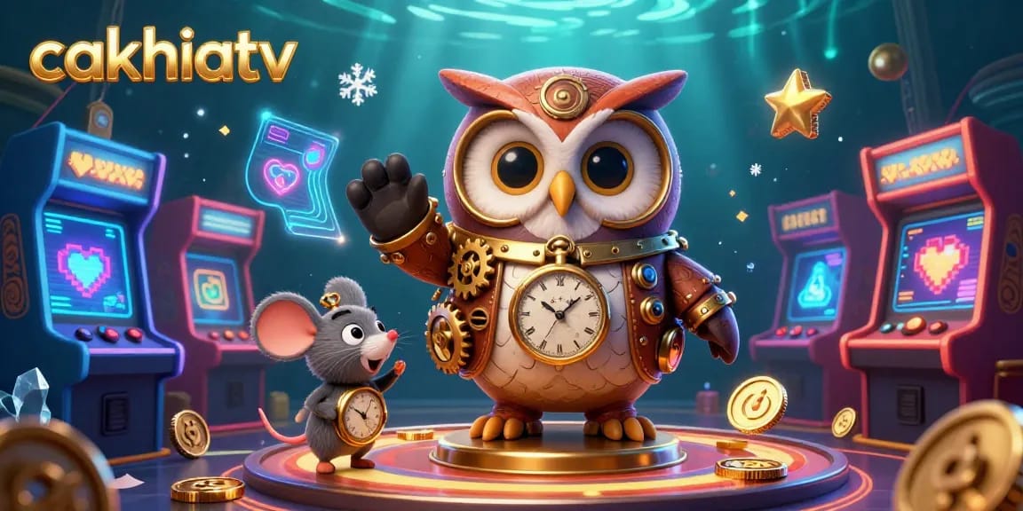 Experience thrilling gameplay at cakhiatv with a vibrant casino scene showcasing a steampunk owl and glowing arcade machines.