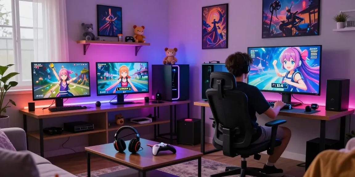 Engaging NSFW AI gaming scene with vibrant decor, interactive screens, and a cozy atmosphere.