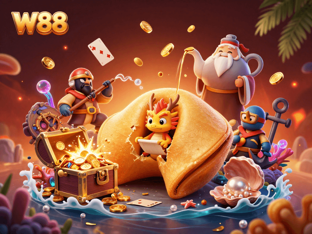 Win big with W88 while enjoying a vibrant 3D illustration of a golden fortune cookie adventure.