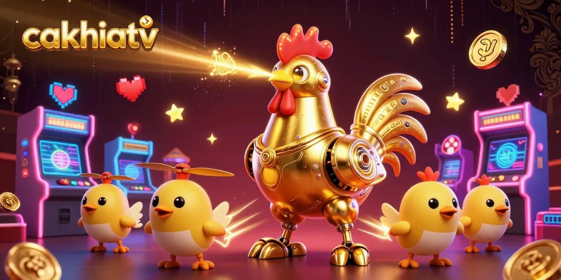 Catch vibrant action with cakhiatv's golden rooster robot and baby chick drones amidst arcade and casino elements.