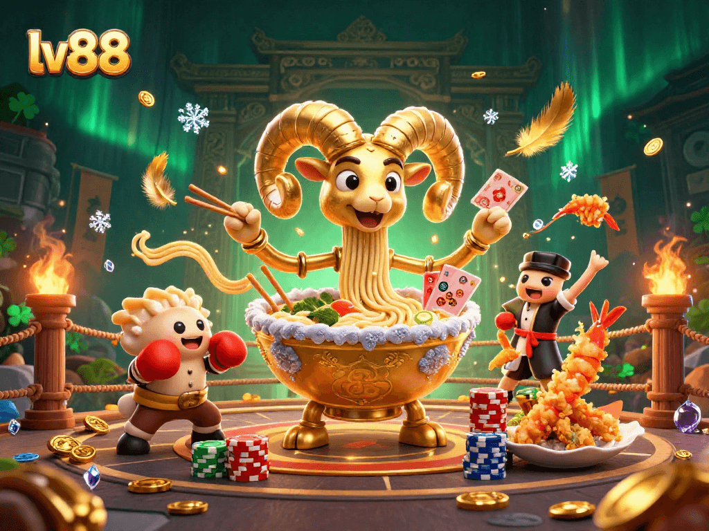 Win big at lv88 with a vibrant 3D casino scene featuring a ramen bowl dealer, chips, and coins.