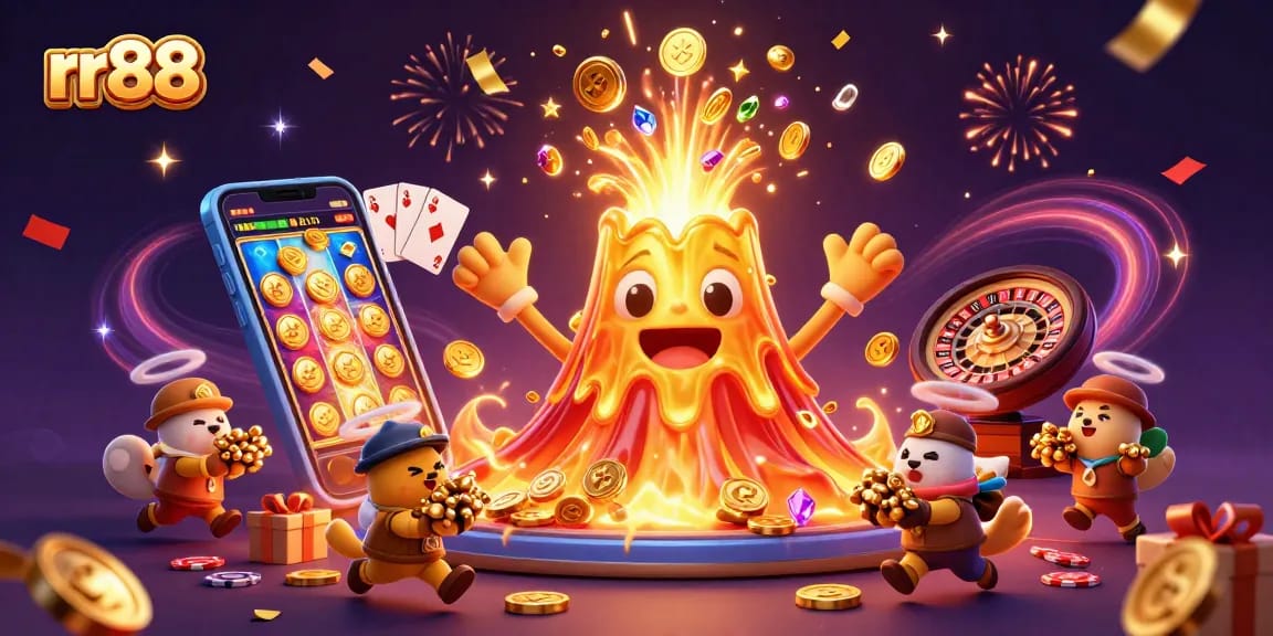 Experience the thrill of rr88 as golden coins erupt from a victorious volcano amidst vibrant casino elements.