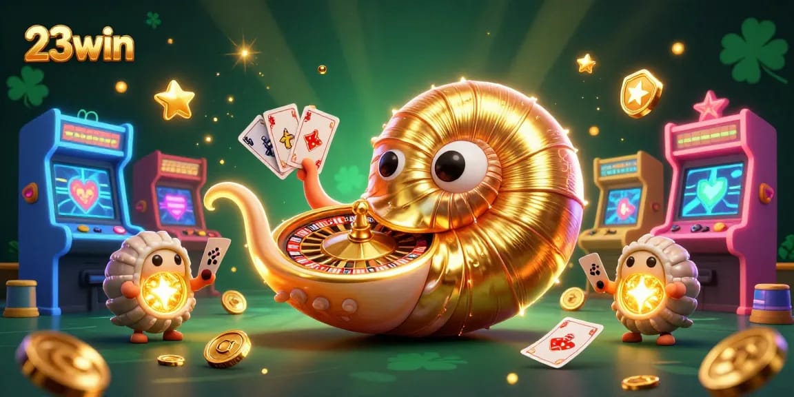 Engage with 23win's vibrant casino illustration featuring glowing nautilus roulette and arcade elements.