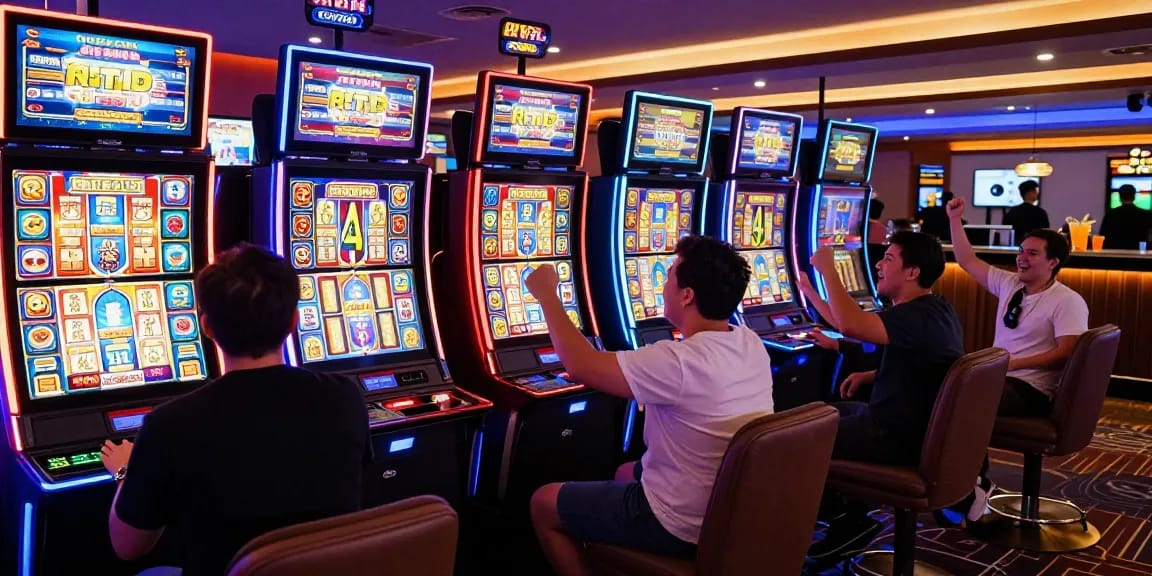 Exciting slot gacor gaming scene with diverse players celebrating wins in a colorful online casino atmosphere.