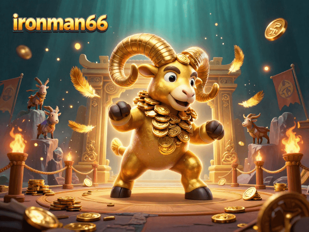 Experience thrilling gameplay at ironman66 with a golden ram charging through a dynamic casino scene.
