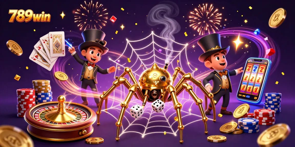 Catch the excitement with 789win's vibrant casino scene featuring golden spider and fly gentleman.
