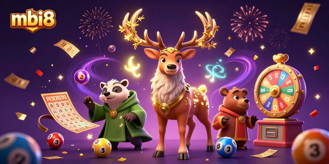 Engage with MBI8's vibrant gaming world featuring dynamic lottery elements and celebratory visuals.