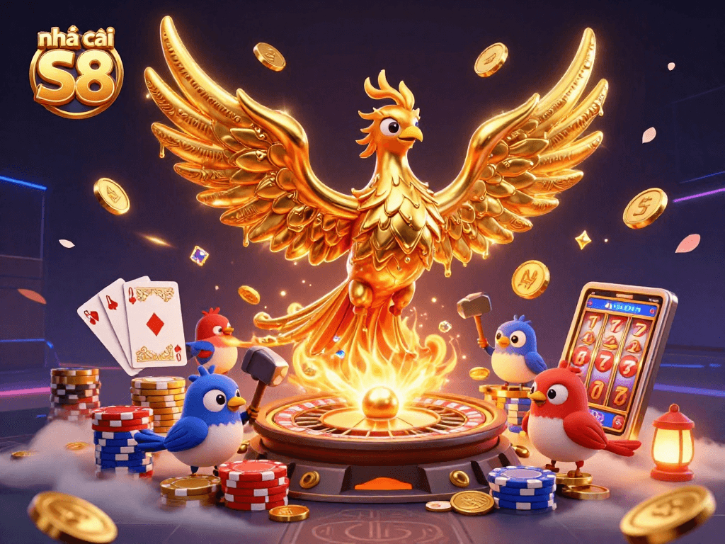 Experience an exciting world of gaming at nhà cái S8 with vibrant casino elements and a golden phoenix illustration.