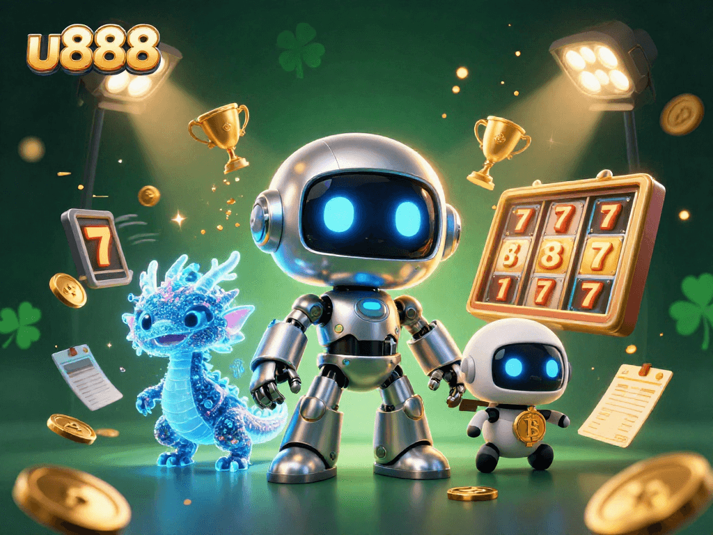 Engage with u888's thrilling gaming experience featuring dynamic 3D characters and vibrant casino elements.