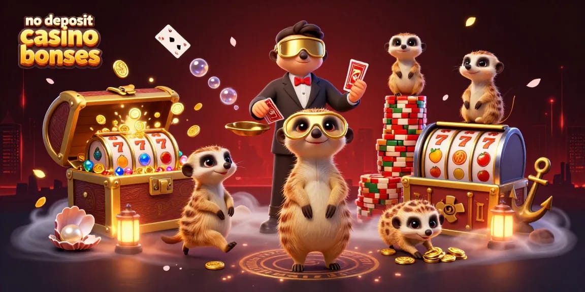 Experience thrilling no deposit casino bonuses with playful meerkats running a vibrant casino.