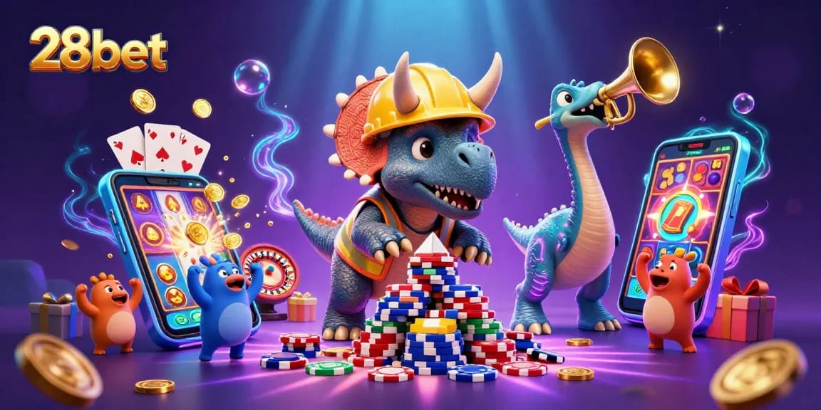 Join the fun at 28bet, where a triceratops builds poker chips and excitement fills the air!