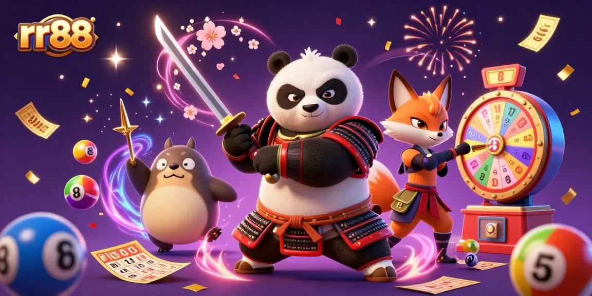 rr88 features a fierce panda samurai and ninja fox amidst a dynamic casino celebration, showcasing vibrant lottery elements.