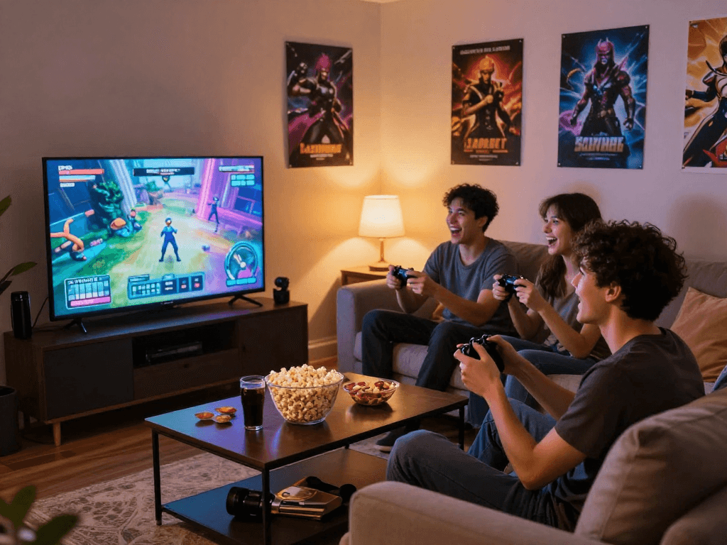 Enjoying online sex games in a cozy living room with friends