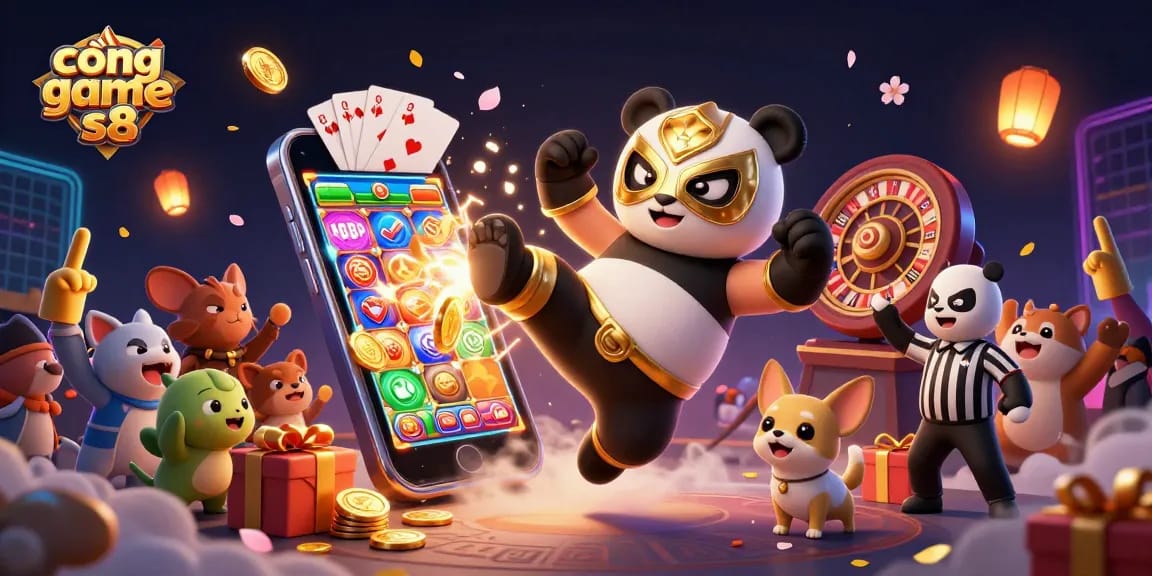 Engage with cổng game s8 as a panda performs an exciting kick among colorful gaming elements.