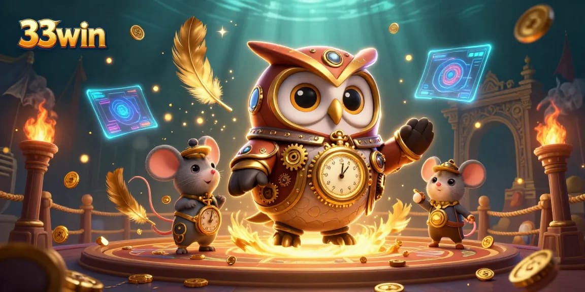 Engage with 33win's vibrant 3D illustration showcasing casino fun with a time-traveler owl.