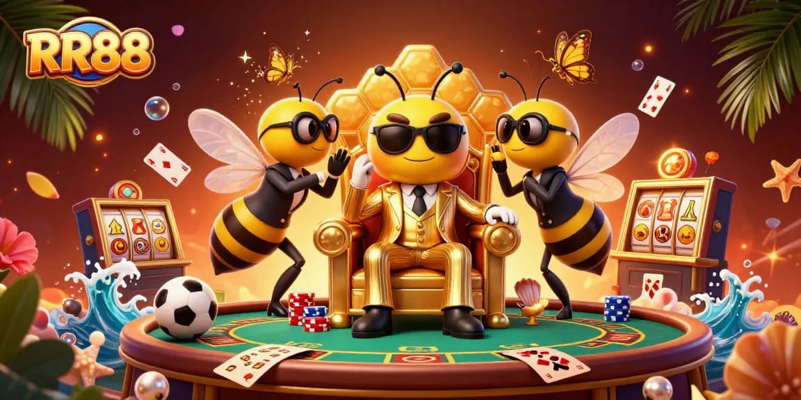 RR88 engages players with dynamic visuals of a casino scene filled with cards, chips, and sports balls.